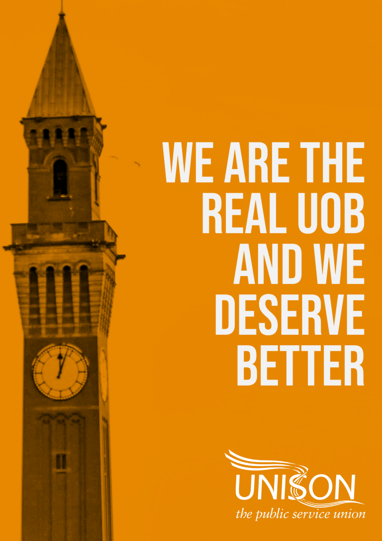 Poster reading "We are the real UoB and we deserve better"