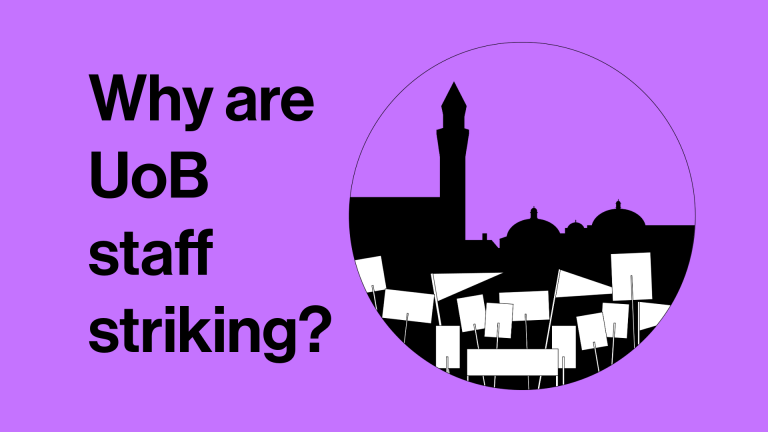 UoB support staff are on strike with graphic of campus and placards