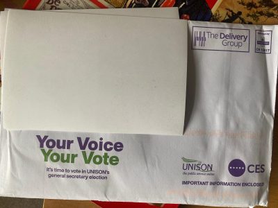 Image of UNISON general secretary ballot paper - "Your Voice, Your Vore" is printed in bottom left corner.
